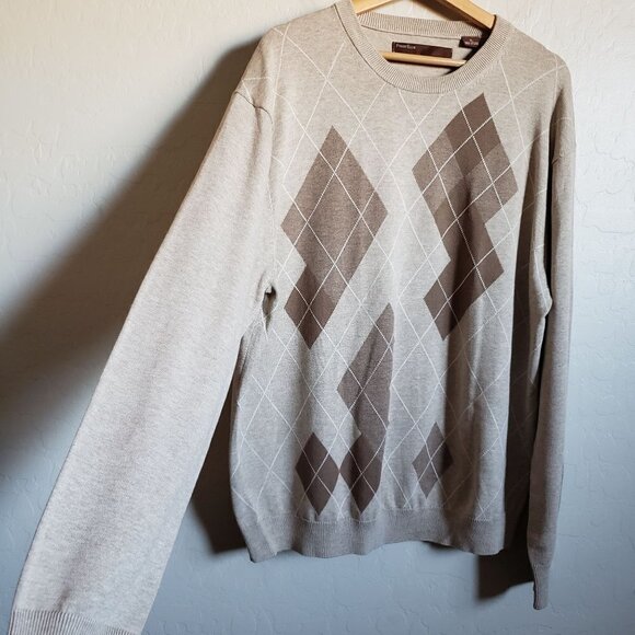 Perry Ellis Knit Argyle Crew Neck Sweater 100% Cotton Tan/Brown Size Men's XL - Picture 6 of 9